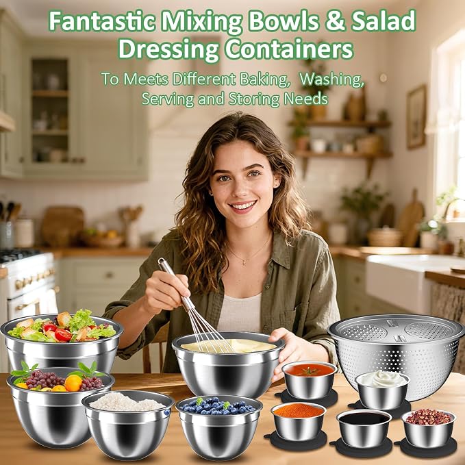 Mixing Bowls with Lids Set, Metal Salad Bowls with Colander, Grater & Dressing - Image 4