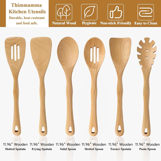 Wooden Spatula Set, 6 Pack Kitchen Wood Slotted Spoon Spatulas Turner Utensils - Image 6