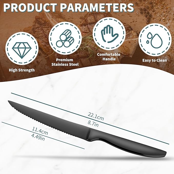SuperCook Black Steak Knives Set of 8, Steak Knives Dishwasher Safe, Knife Set - Image 3