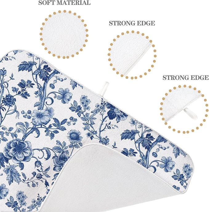 Blue Floral Dish Drying Mat 18 x 24 Inch Vintage Navy Blue Floral Drying Mat - Image 7