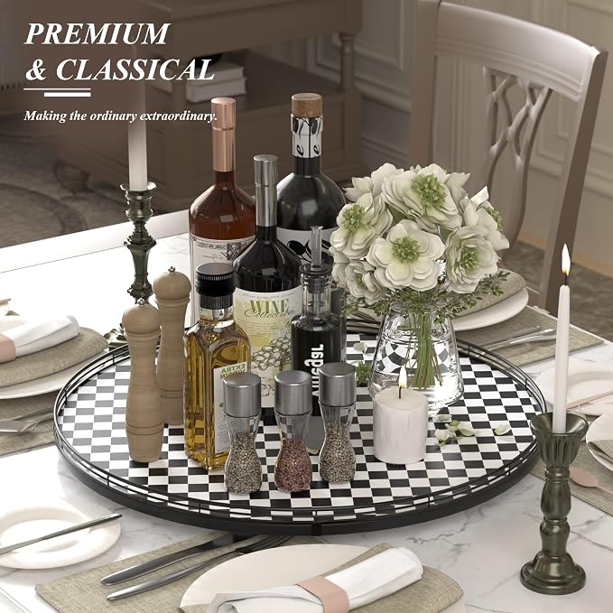 24" Black and White Kitchen Lazy Susan Turntable, Round Checkered Decorative - Image 3