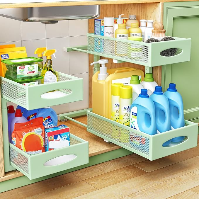 2 Pack Under Sink Organizer, 2 Tier Pull out Cabinet Organizer Mesh Baskets by Kitstorack