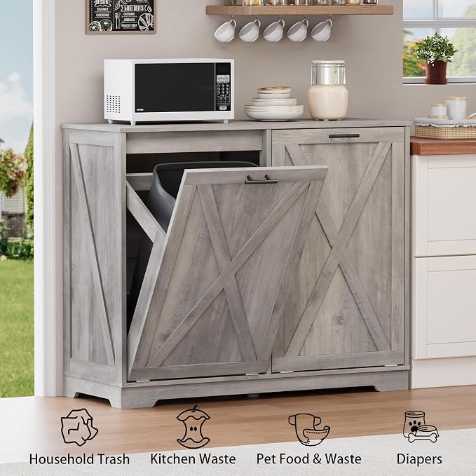 Double Tilt Out Trash Can Cabinet, Wooden Farmhouse Kitchen Garbage Bin - Image 5