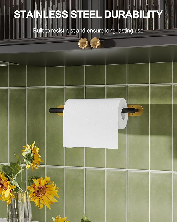 Paper Towel Holder Under Cabinet Black and Gold, Self Adhesive or Wall Mounted - Image 3