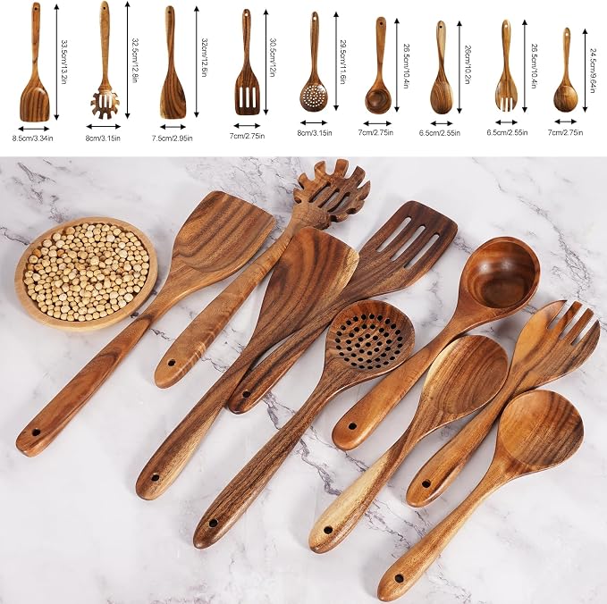 Wooden Spoons for Cooking – 9 Pc Teak Wood Utensil Set, Nonstick Safe & Heat - Image 2
