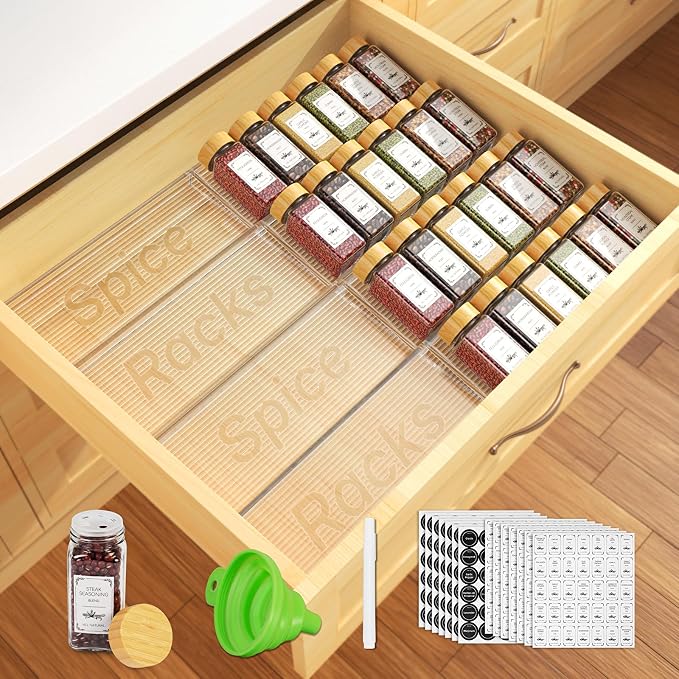 24 Spice Jars with Spice Drawer Organizer, 355 Spice Labels, 2 Pack Expandable by Agotglmi