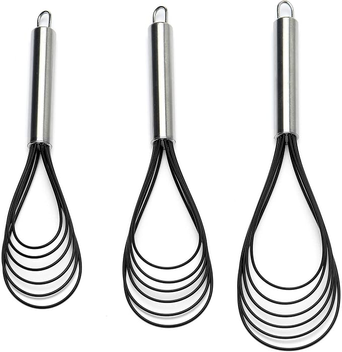 Flat Whisk Set, Stainless Steel 3 Pack 10''+11''+12'' Premium Sturdy-6 Silicone by Jell-Cell