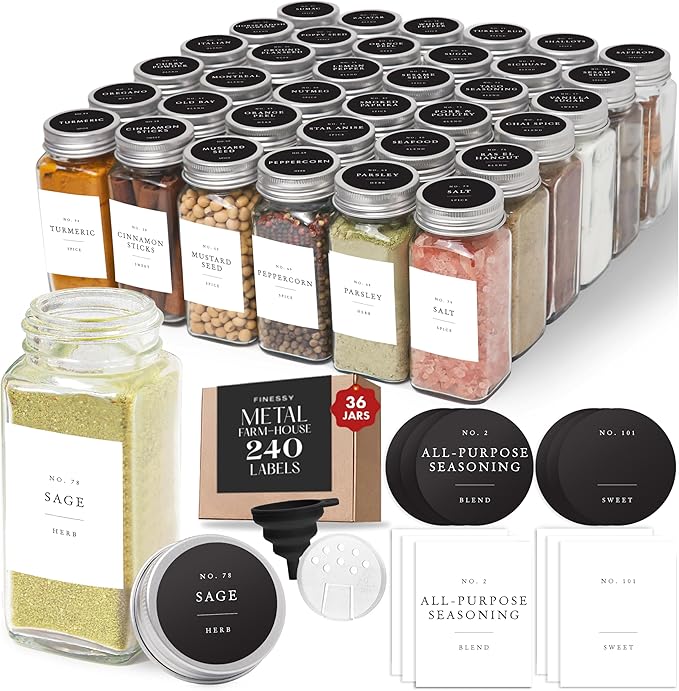 Glass Spice Jars with Labels with Metal Lids and Shakers Farmhouse 36 Pack Set by Finessy