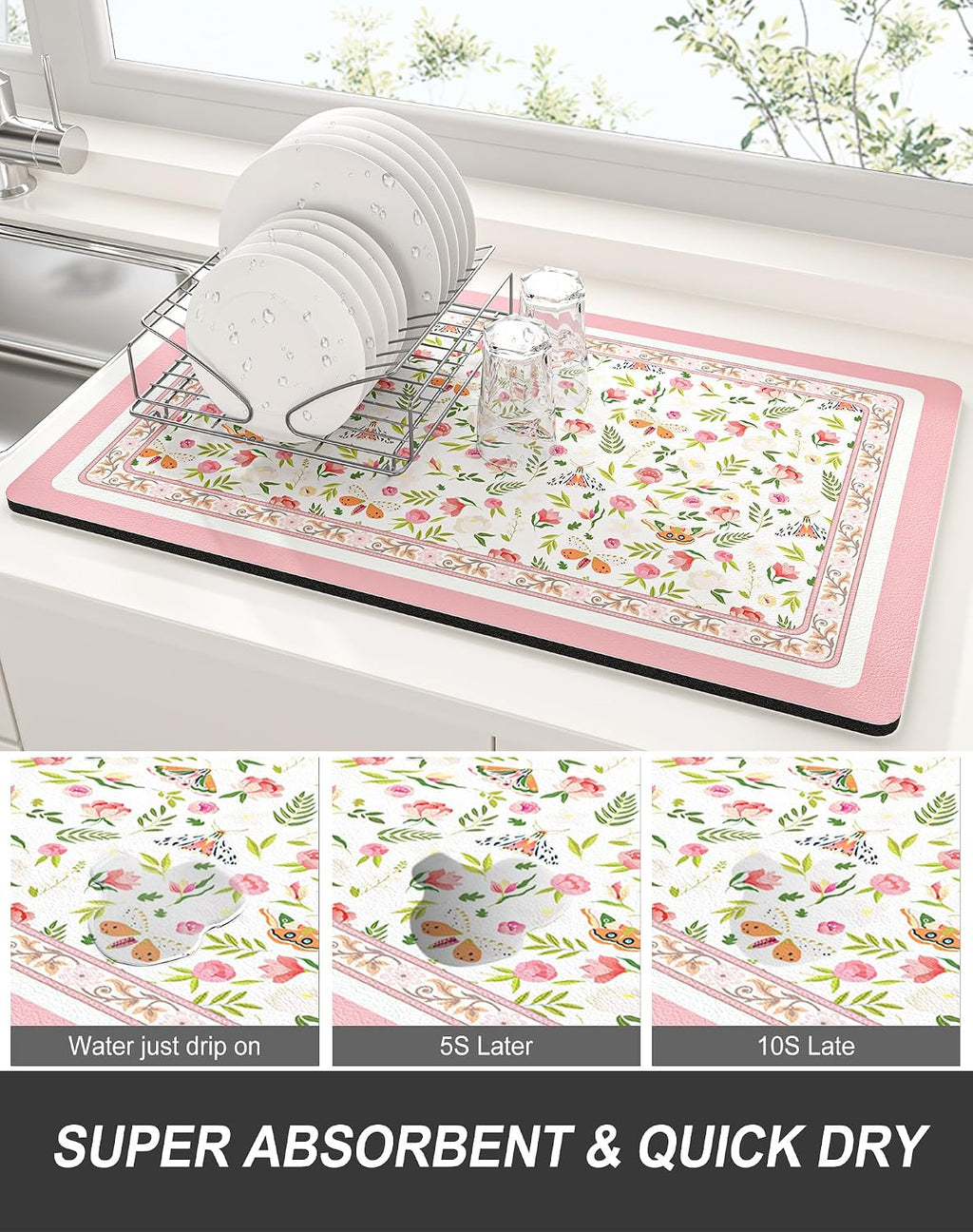 Rnivvi Dish Drying Mat for Kitchen Counter, 12 x 19" Cute Flower Theme