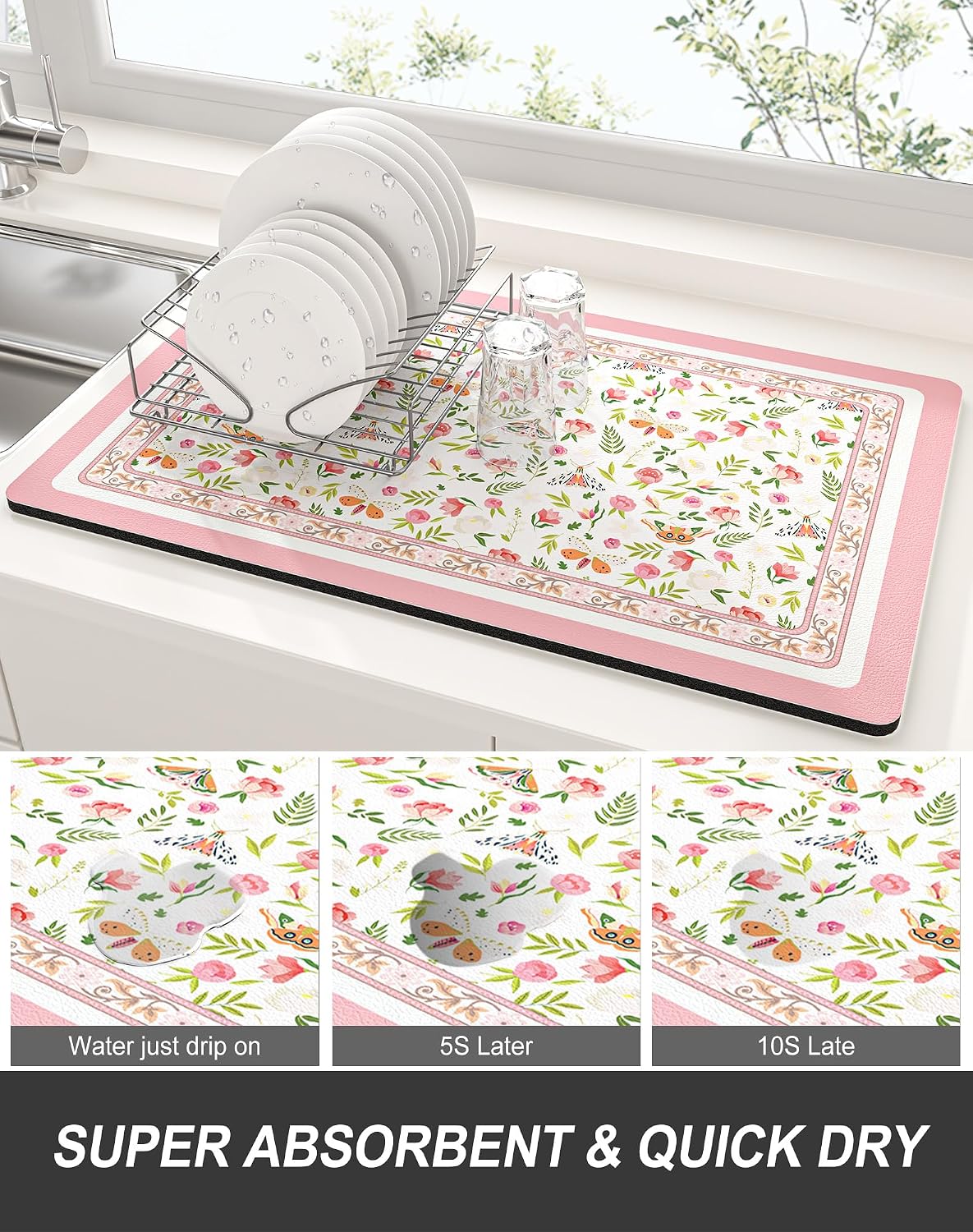 Rnivvi Dish Drying Mat for Kitchen Counter, 12 x 19" Cute Flower Theme