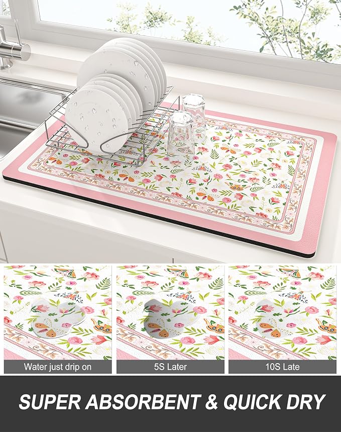 Rnivvi Dish Drying Mat for Kitchen Counter, 12 x 19" Cute Flower Theme Super - Image 3