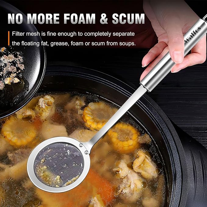 Walfos Skimmer Spoon, 304 Stainless Steel Fine Mesh Strainer, Foam Strainer Oil - Image 5