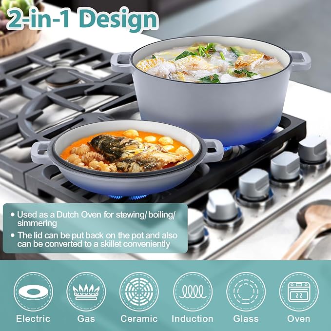 TeamFar 5 Quart Enameled Cast Iron Dutch Oven, 2-In-1 Dutch Oven Pot Cookware - Image 5