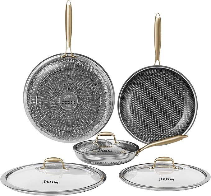 Nonstick Frying Pan Set, 8+10+12 Inch, Honeycomb Stainless Steel Skillet Pans by XBM