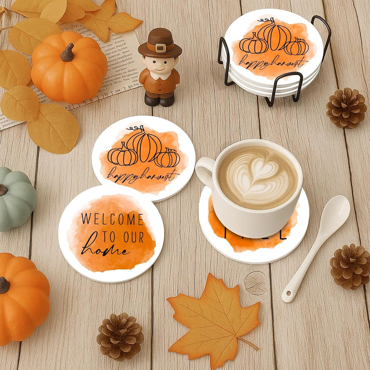 Fall Coasters for Drinks, Set of 6, Ceramic Stone, Autumn Pumpkin
