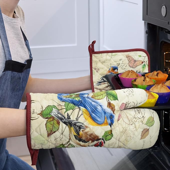 Vintage Bird Oven Mitts and Pot Holders Sets 2Pcs, 100% Cotton Heat Resistant - Image 6