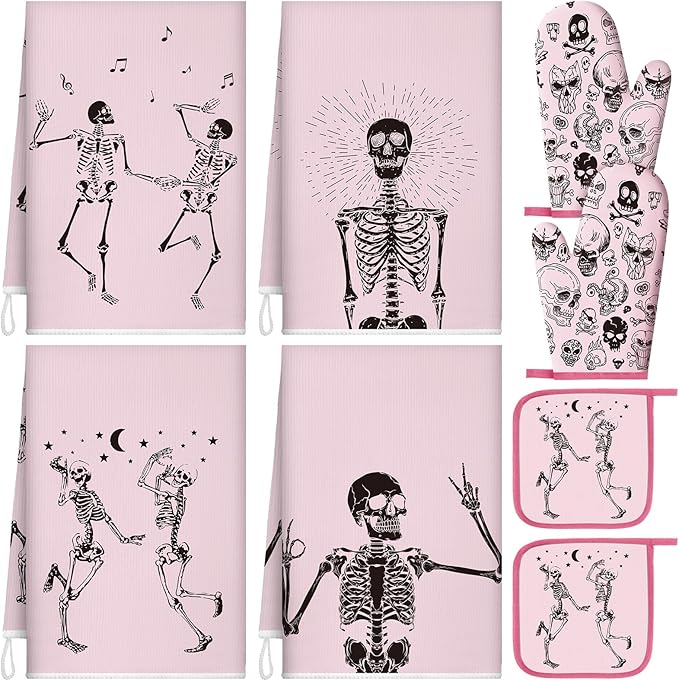 Leinuosen 8 Pcs Skull Kitchen Decor Set Kitchen Towels Gothic Oven Mitts and by Leinuosen