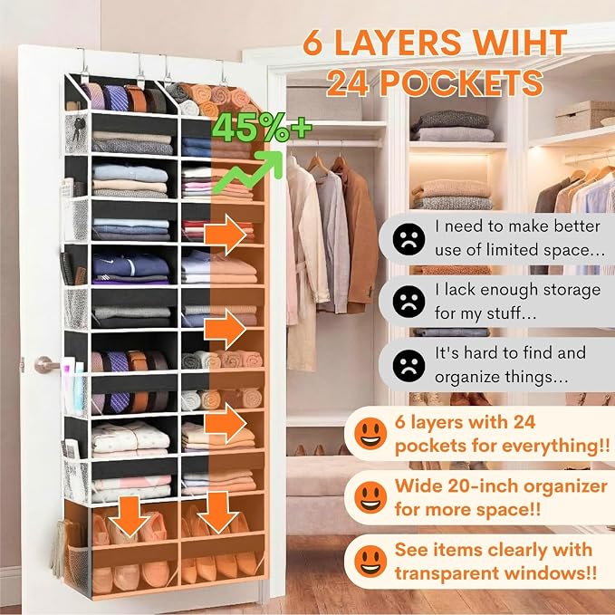 Over The Door Organizer 6 Tiers, Extra Large Behind Door Storage of 12 - Image 2