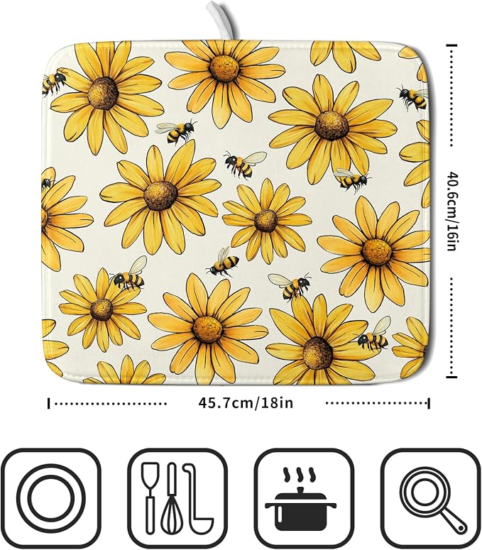 Spring Summer Sunflower Bee Dish Drying Mat of Kitchen Counter 16×18 Inch - Image 2