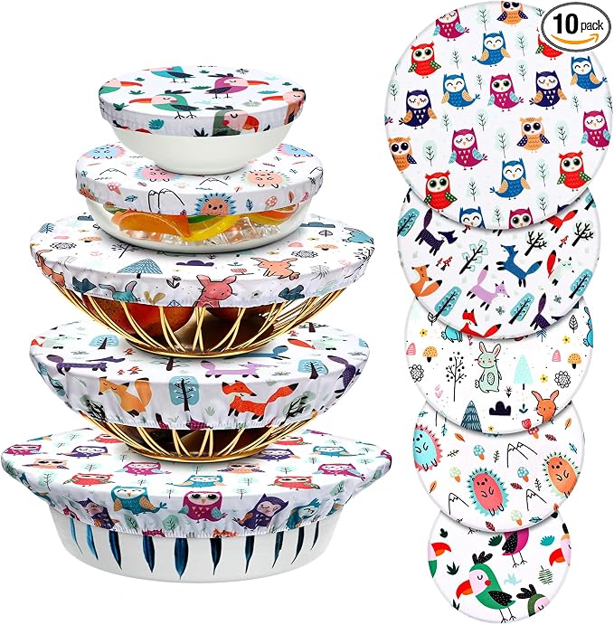 Patelai 10 Pcs Bowl Covers Reusable in 5 Size Stretch Cloth Fabric Elastic Food by Patelai