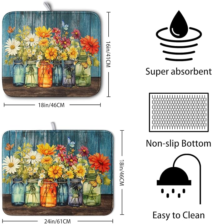 Daisy Dish Drying Mat for Kitchen Counter 18x24 Inch Rustic Vintage Flower - Image 2
