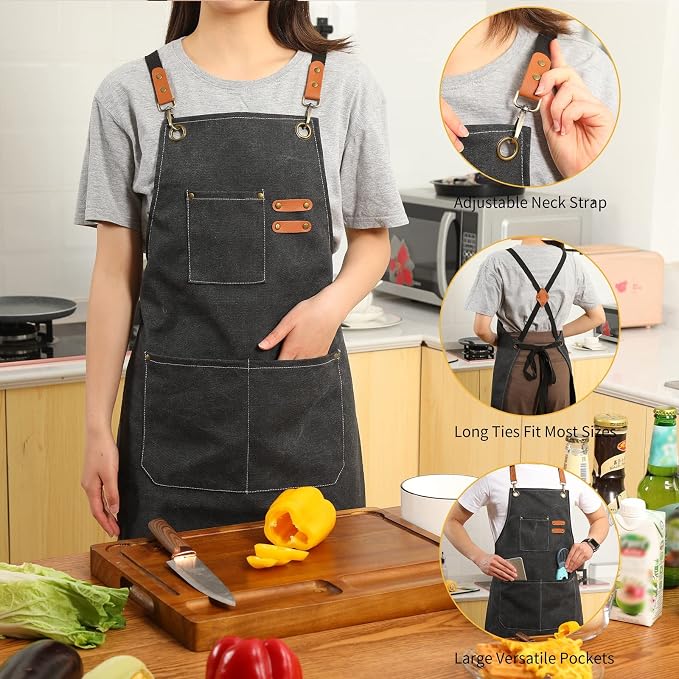 Tosewever Canvas Cross Back Chef Cotton Aprons - Image 4