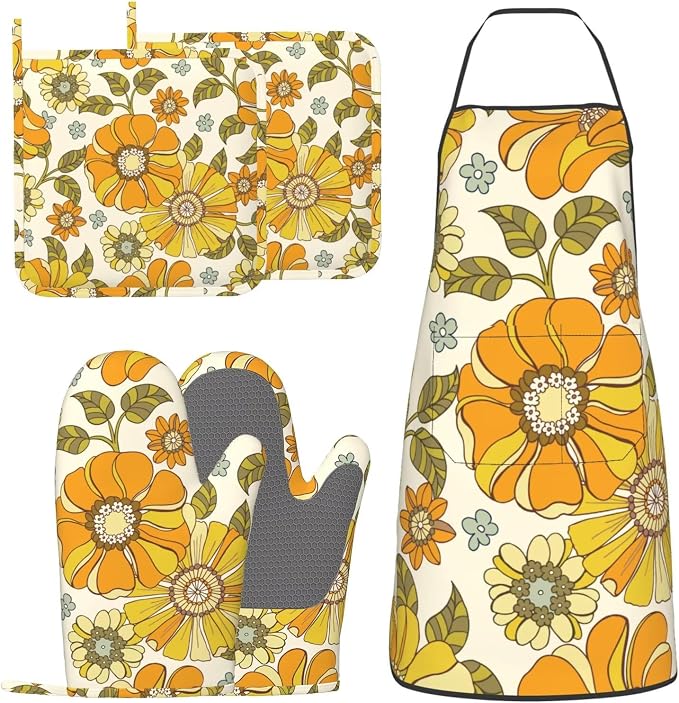 Retro 70s Style Flower Oven Mitts Pot Holders Cooking Apron Set of 5 Silicone by Unknown