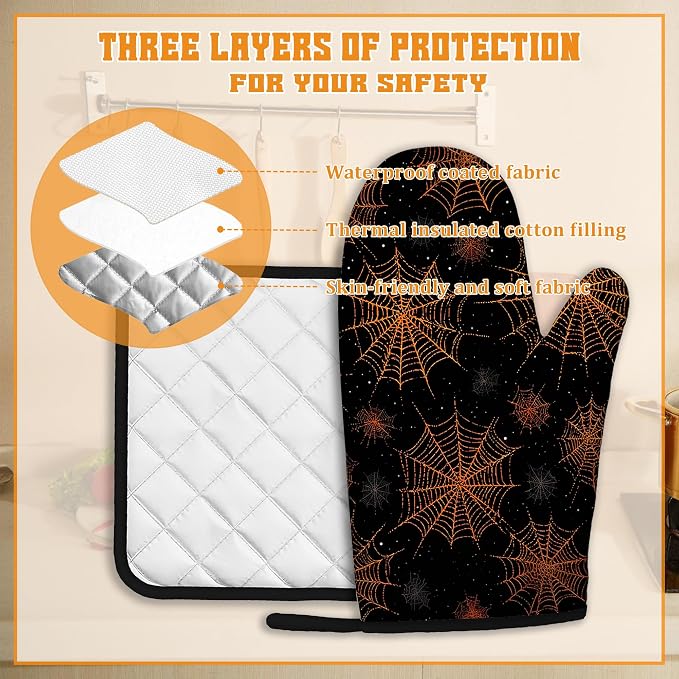 Halloween Oven Mitts and Pot Holders Set, Spider Web Kitchen Decor Heat - Image 3