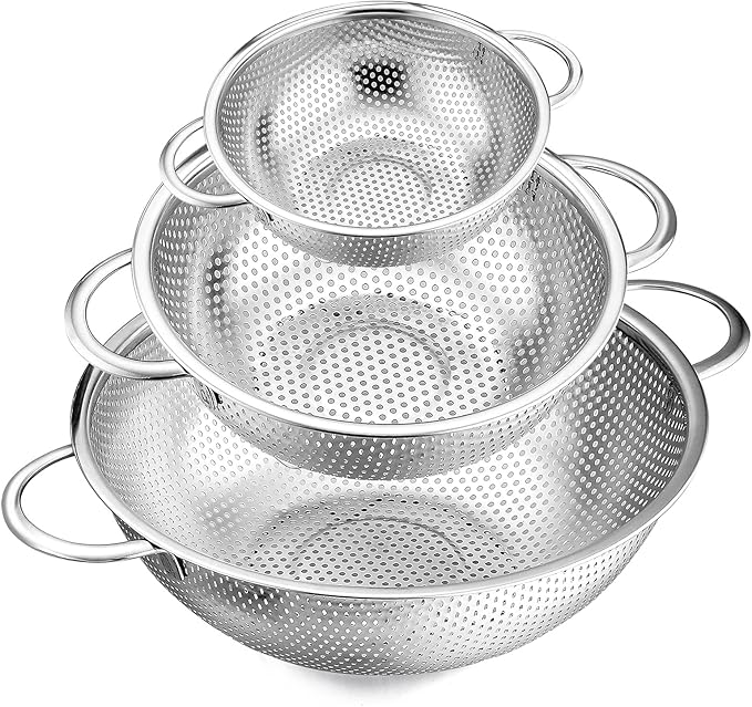 E-far Stainless Steel Colander Set of 3, Micro-Perforated Metal Colander by E-far