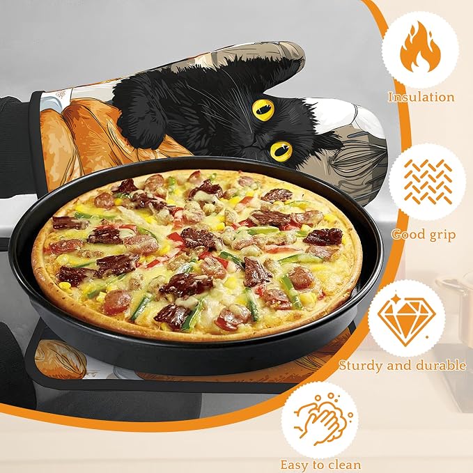 Cute Black Cat Oven Mitts and Pot Holders Set, Chef Kitchen Decor Heat - Image 4