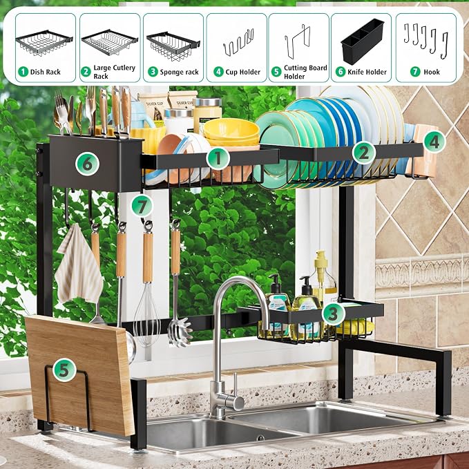 YKLSLH Over The Sink Dish Drying Rack 2 Tiers, Expandable Large Capacity Sink - Image 2
