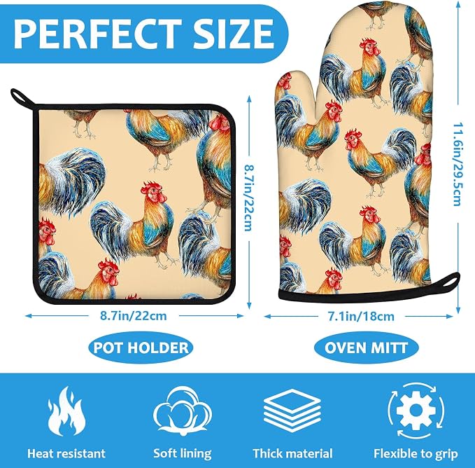 Watercolor Rooster Oven Mitts and Pot Holders Sets Heat Resistant 4Pcs - Image 2