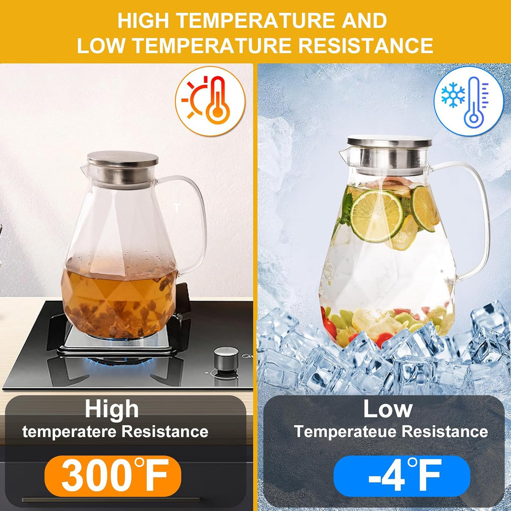 Glass Pitcher with Lid,1 Gallon Glass Water Pitcher Hot/Cold Water