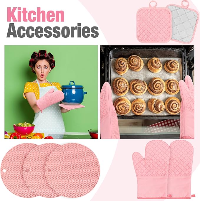 Sumind Pink Oven Mitts and Pot Holders 7 Sets, Heat Resistant Kitchen Gloves - Image 6