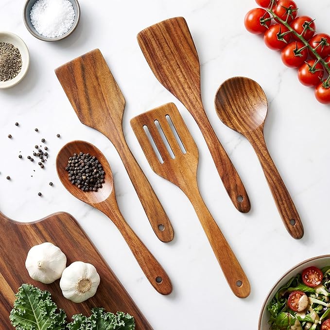 5 Pcs Best Wooden Spoons for Cooking Kitchen Utensils Set Acacia Wood Cooking - Image 4