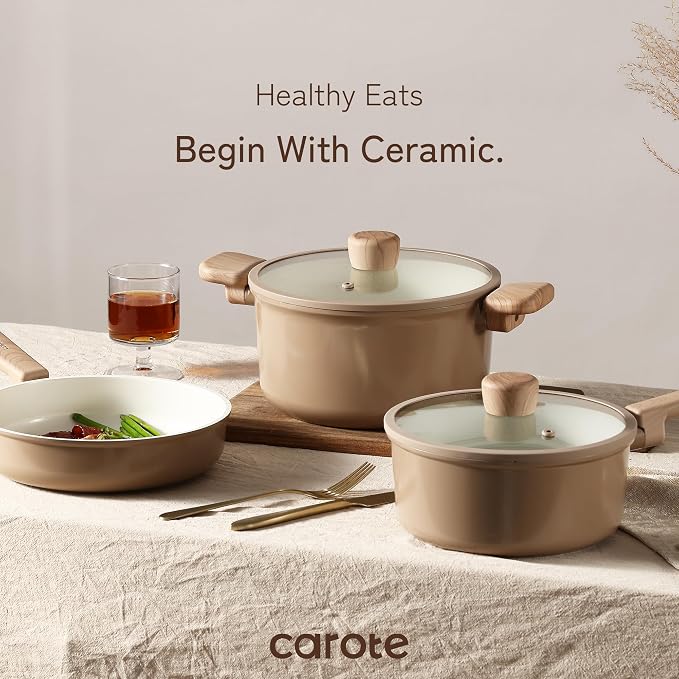 CAROTE 12Pcs Ceramic Pots and Pans Set Non Stick, Healthy Cookware Set - Image 5