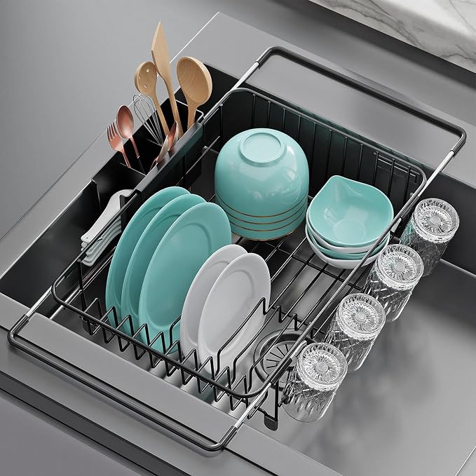 Dish Drying Rack in Sink: Expandable, 3-Slot Utensil Holder, Anti-Slip Handle. by Jouzevic