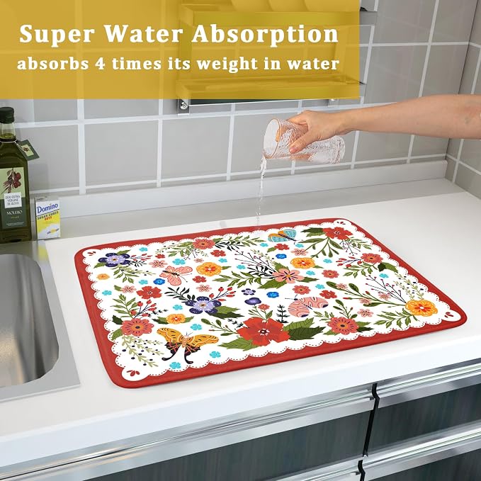 Large Microfiber Dish Drying Mat Red Floral Absorbent Drying Pad - Image 7