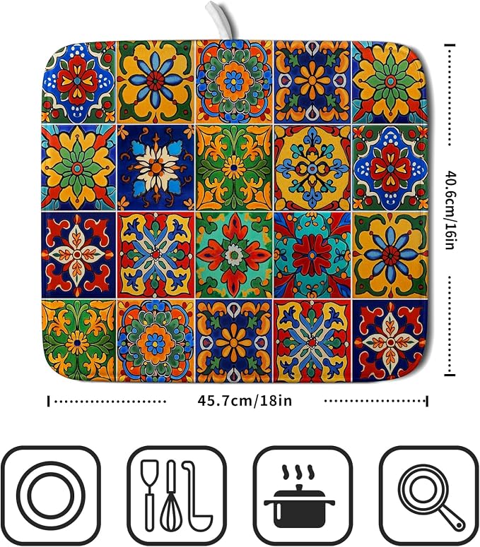 Mexican Tiles Dish Drying Mat for Kitchen Counter Absorbent Microfiber Dish - Image 2