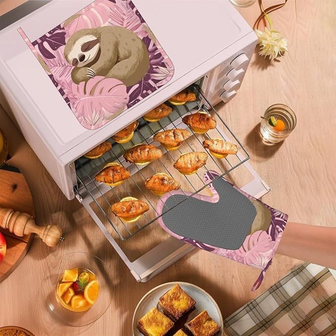 Pink Sloth Heat-Resistant Oven Mitts and Pot Holder Cute Animal Kitchen - Image 5