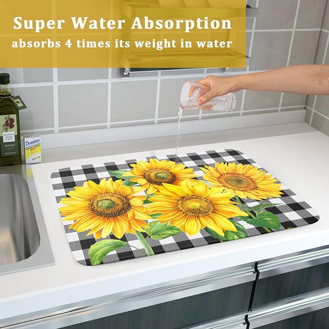 Sunflower Dish Drying Mat for Kitchen Counter Black White Buffalo Plaid - Image 7