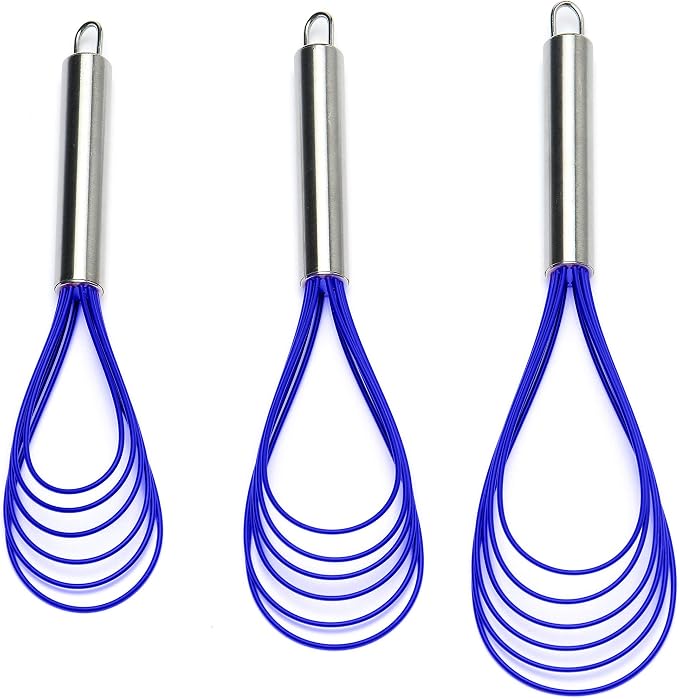 Flat Whisk Set, Stainless Steel 3 Pack 10''+11''+12'' Premium Sturdy-6 Silicone by Jell-Cell