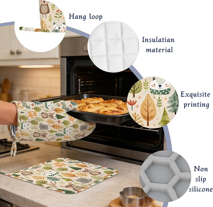 Cute Animals Oven Mitts and Pot Holders Fall Trees Leaves Silicone Kitchen - Image 4