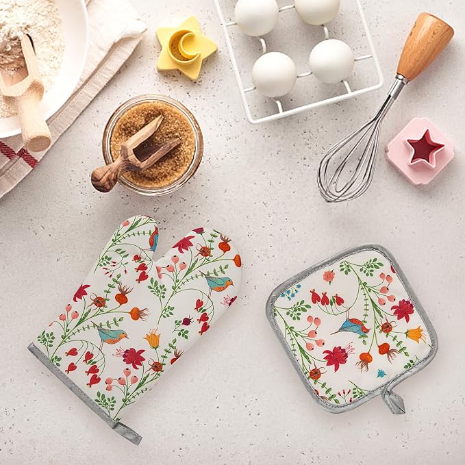 Kitchen Oven Mitts and Pot Holders Sets, Flower Bird Print Oven Gloves and - Image 6