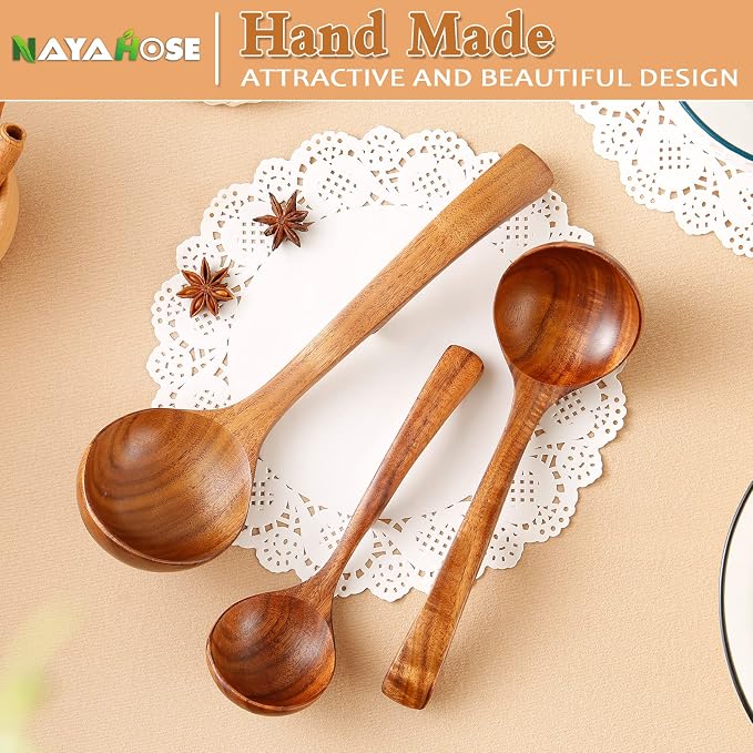 3Pcs Wooden Ladle for Soup, 3Size Natural Teak Wooden Cooking Spoons, Wood Soup - Image 7