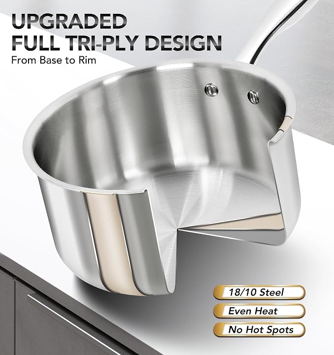 MICHELANGELO 1Qt & 2Qt Tri-ply Stainless Steel Saucepan Set, Small Cooking Pots - Image 2