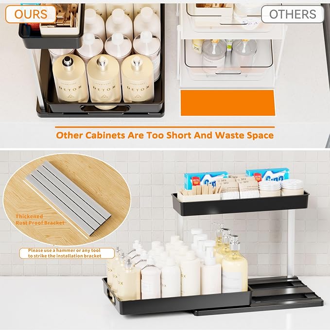 Yieach 2 Pack 10.8″ High Pull Out Under Sink Organizer, 14.5″ Deep 2 Tier Slide - Image 6