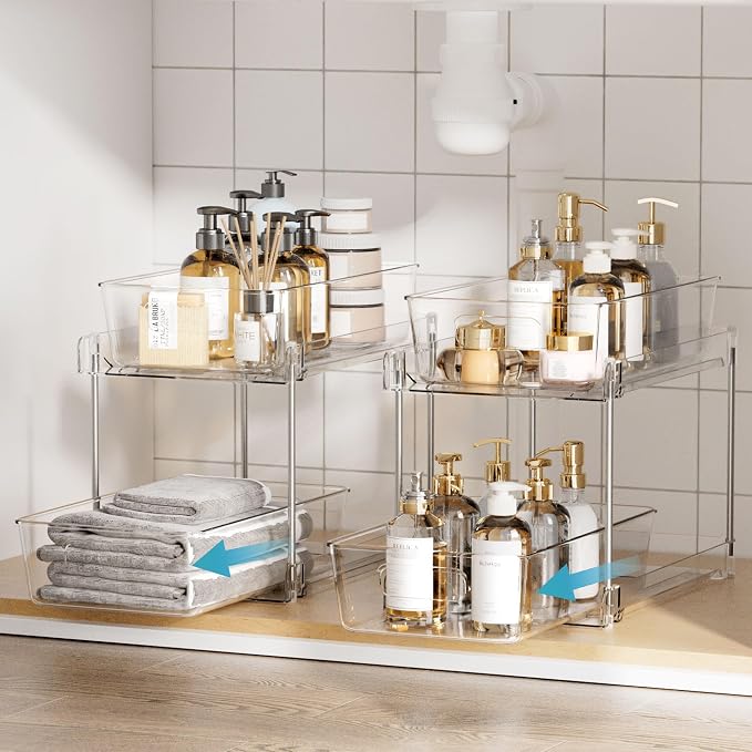 Vtopmart 4 Pack Bathroom Organizer, 2 Tier Clear Under Sink Organizers Vanity - Image 4
