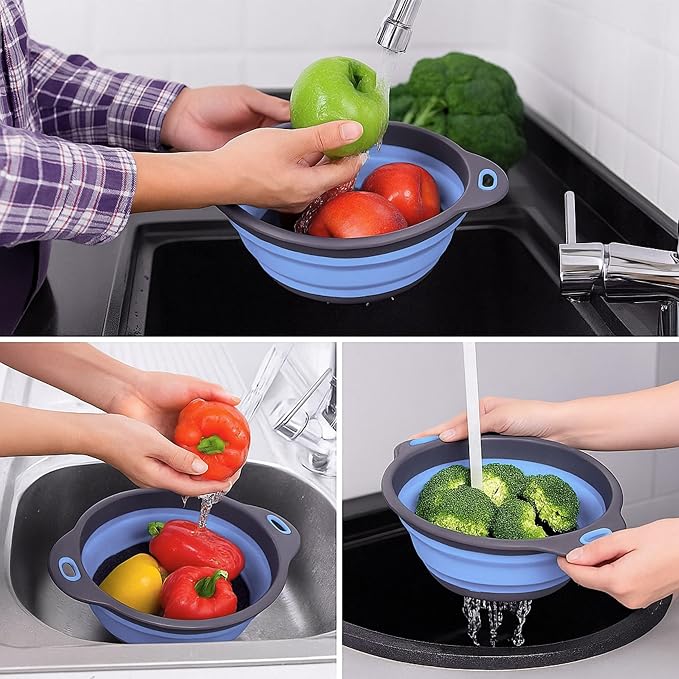 Blue Round Silicone Collapsible Colander – Silicone Round Kitchen Strainers - Image 7
