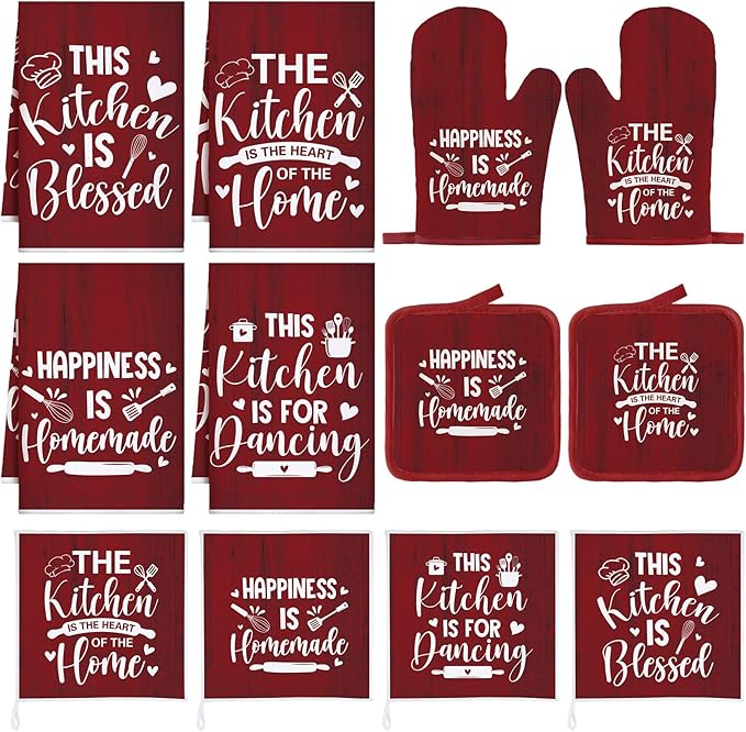 12 Pcs Farmhouse Kitchen Decor Sets 4 Red Kitchen Hand Towels 4 Dish Clothes 2 by Bencailor